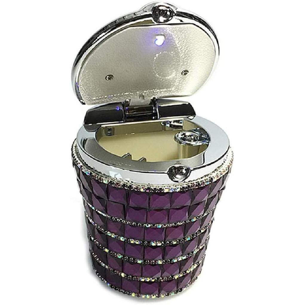 Car Ashtray Diamond Bling Car Ashtray with Blue LED Light Smokeless Stand Cylinder Cup Holder (Dark Purple)