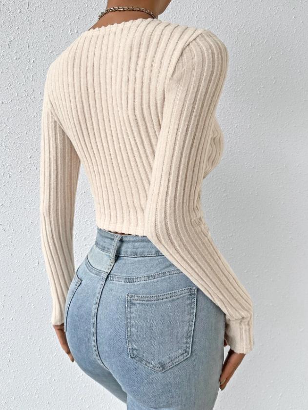 2023 Evropský a americký styl hluboký výstřih do V zeštíhlující sexy tričko s dlouhým rukávem pro ženy