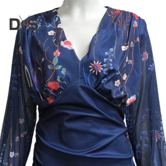 Women Lace Patchwork Long Sleeve Blouse Elegant Deep V Neck Slim Fit Pullover Top Office Lady Embroidery Floral Blouse