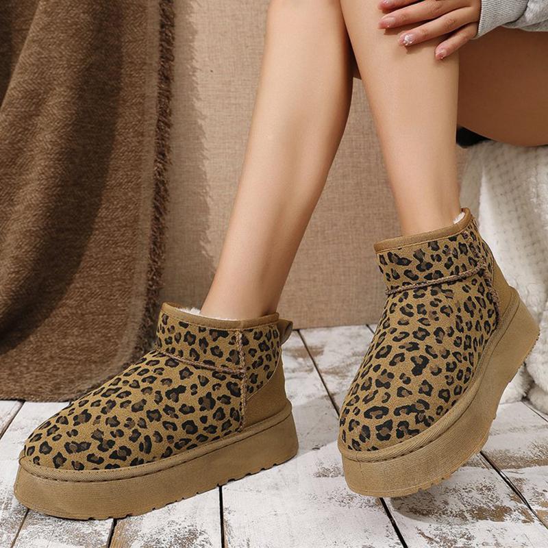 Mode 2025 Winter Leopard Schneestiefel für Damen Slipper Kurzer Plüsch Warm Knöchelstiefel Frau Mode Wildlederimitat Plateau Stiefeletten Weiblich