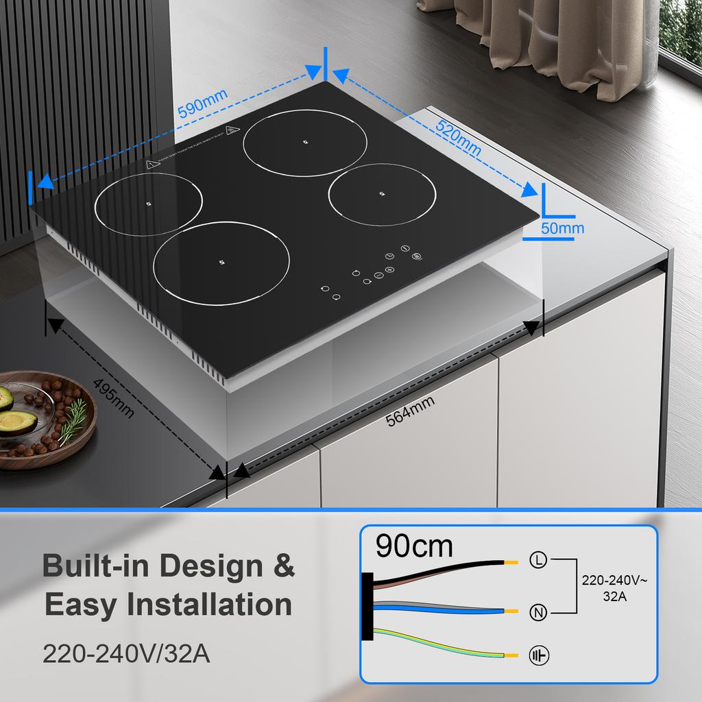 60 cm Ceramic Glass Cooktop, 4 Burner 6000W Built-in Touch Control, 9 Power Settings, 1-99 Min Timer