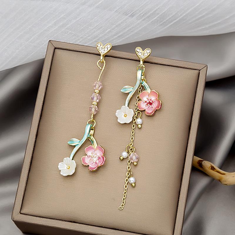Asymmetrical Cherry Branch Flower Earrings, Small Fresh And Long Love Flower Tassel Earrings