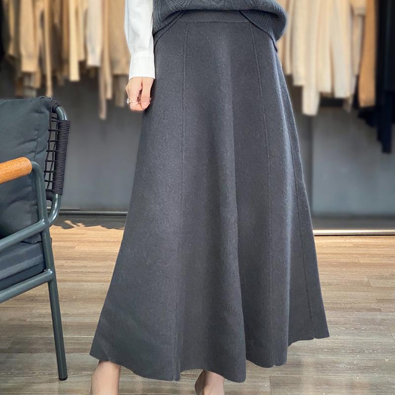 Women's High-Waist Wool Knit Midi Skirt, A-line, Solid Color, Autumn/Winter 2026