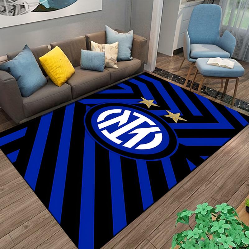 Blue and Black Striped Carpet with Inter Logo and Two Stars Pattern Suitable for use as an anti-slip for living room bedroom sofas