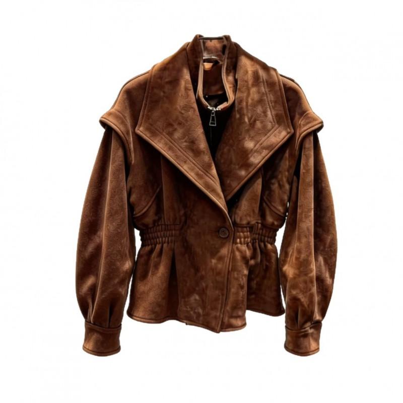 Womens Suede-Feel Stand Collar Jacket With Ruched Waist Casual Layered Look Outerwear Fall