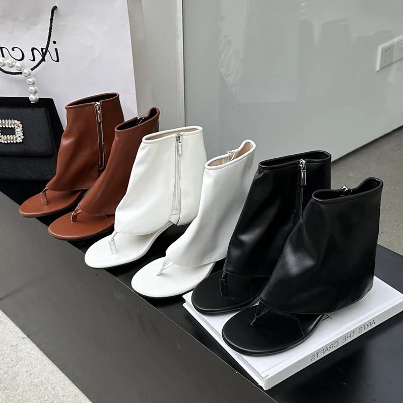 Eilyken New Design Round Clip Toe Low Heels Woman Boot Sandals Fashion Zipper Banquet Dress Shoes Flip Flops Ankle Booties