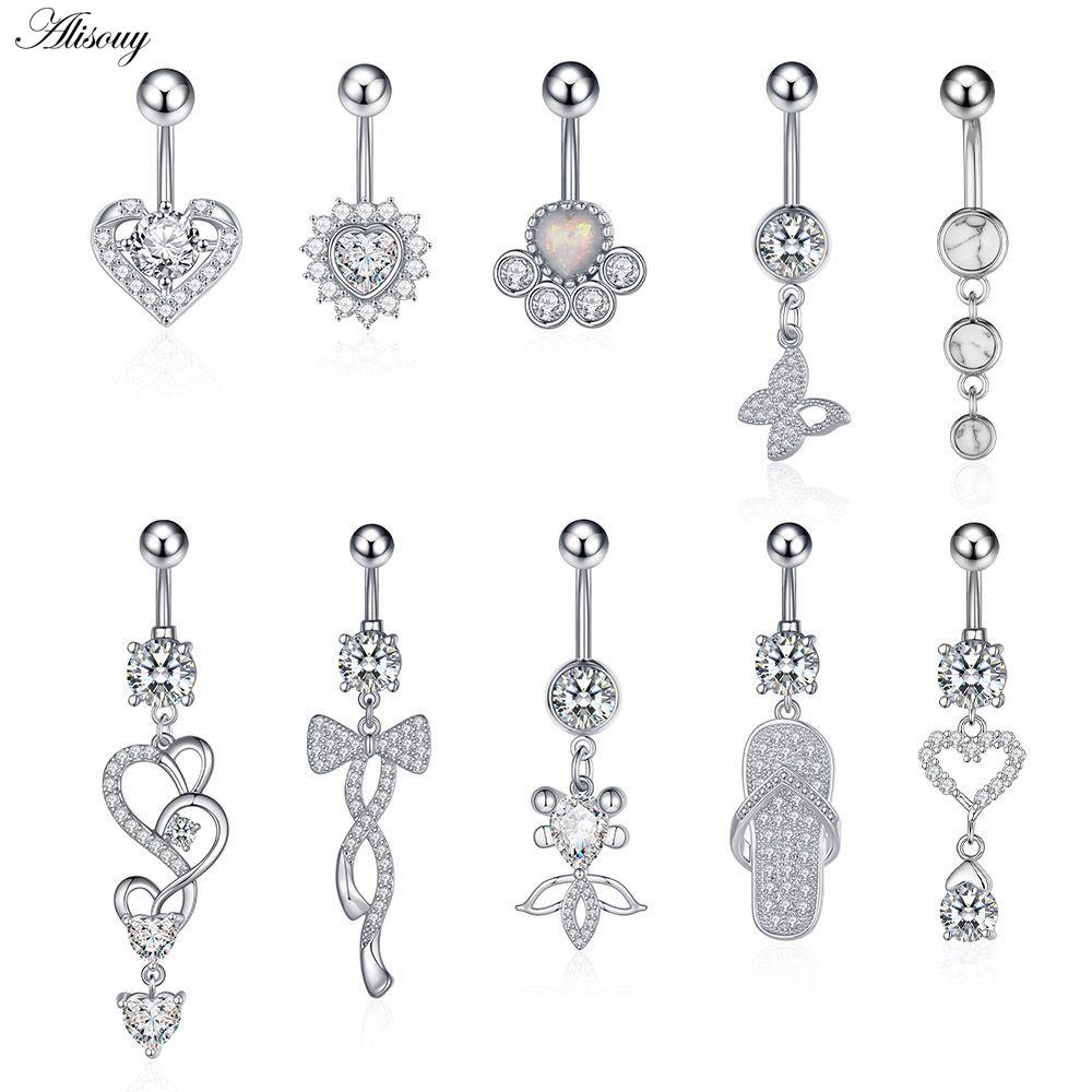 Alisouy 1pc Zircon Sexy Long Belly Ring Star Sun Moon Heart Navel Piercing Surgical Steel Women Belly Button Ring Navel Jewelry