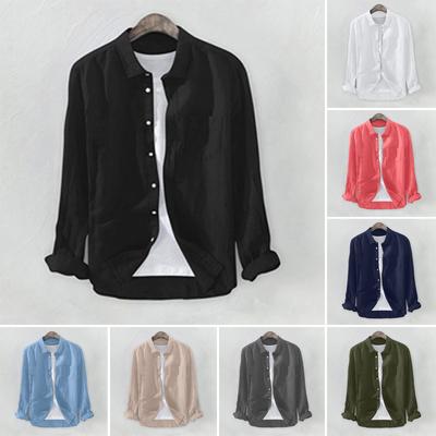 Erkek Keten Uzun Kollu Günlük Gömlek Yakasız Dik Yaka Yaz Üstü