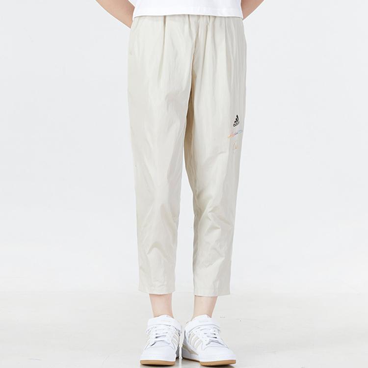 adidas Solid Color Logo Breathable Nine-Point Running Sports Pants Women Pants White HE9957
