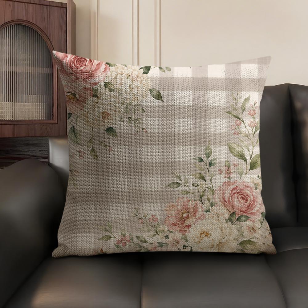 Rose Plaid Print Cushion Cover Linen Organic Fabric DoubleSided Printing Sofa Breathable Home Decor Gift Pillow Case