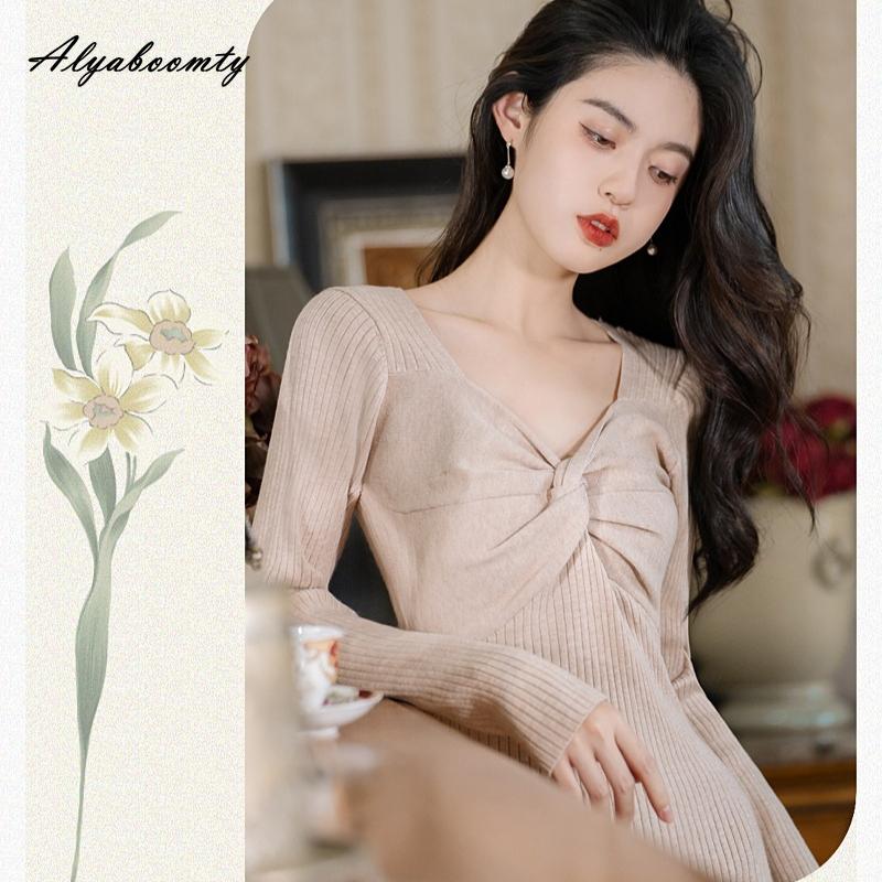 Francuski Styl Jesień Zima Damska Sukienka Swetrowa Dekolt V Dzianina Dopasowana Ciepła Sukienka Elegancka Kobieca Dzianinowa Sukienka A-Linia z Długim Rękawem