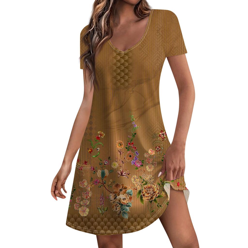 Damenmode Lässig Bedruckt Mit Taschen Böhmisches Strandkleid Mit V-Ausschnitt Kurzarm