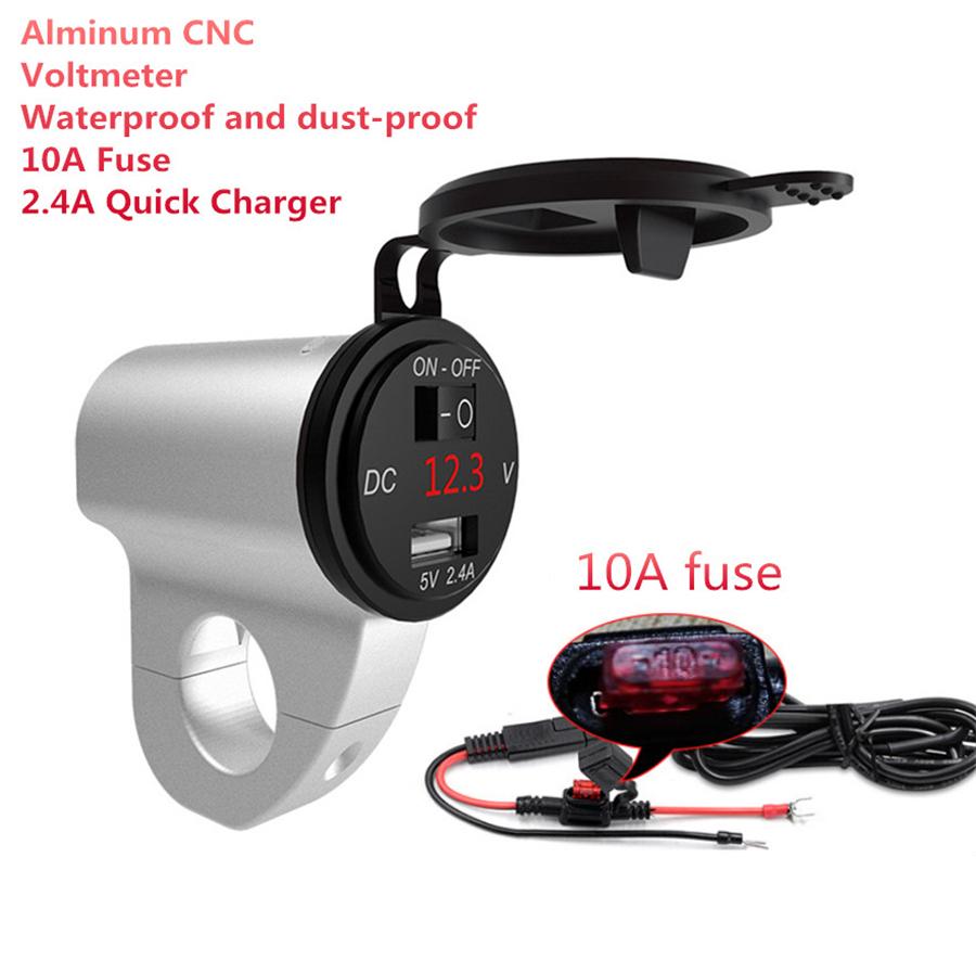 CNC Aluminum Waterproof Motorcycle USB Charger Power Adapter Socket w/ Voltmeter