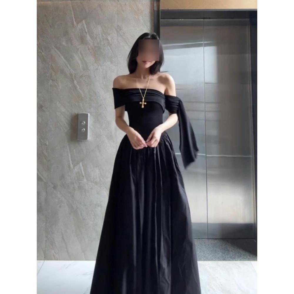 Female summer tall temperament slim long dress to ankle super long black one-word shoulder dress