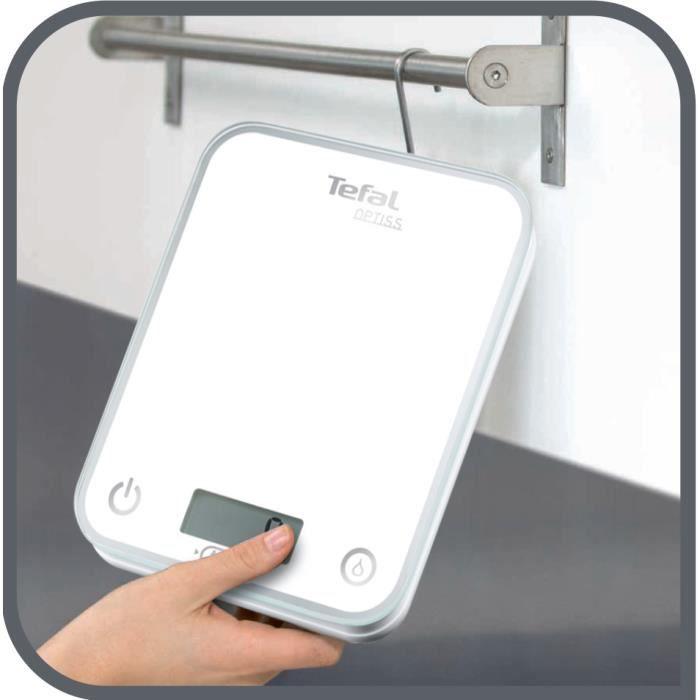 TEFAL Balance De Cuisine Optiss, 5kg/1g, Fonction Tare, Conversion Liquide, Ecran LCD, Blanc BC5000V1
