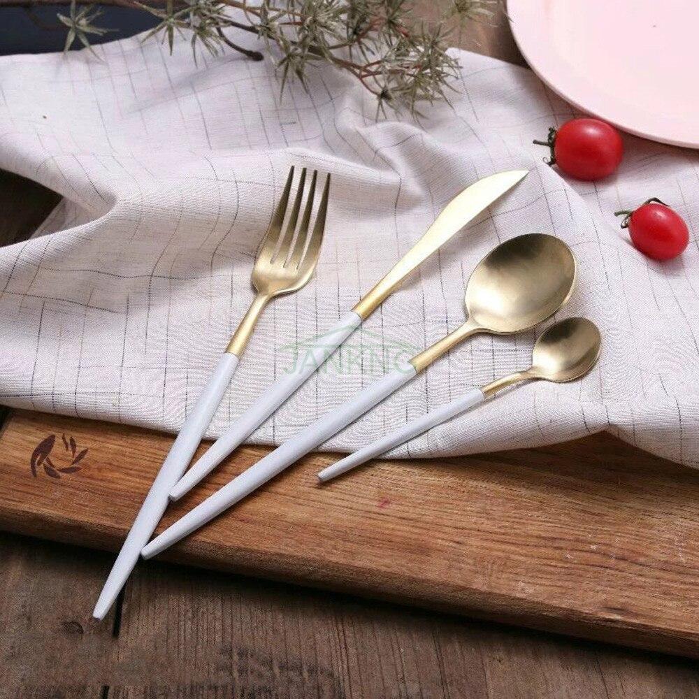 JANKNG 4 Pcs/Lot White Handle Gold Stainless Steel Dinner Set Luxury Cutlery Set Matte Knife Fork TeaSpoon Dinnerware Tableware