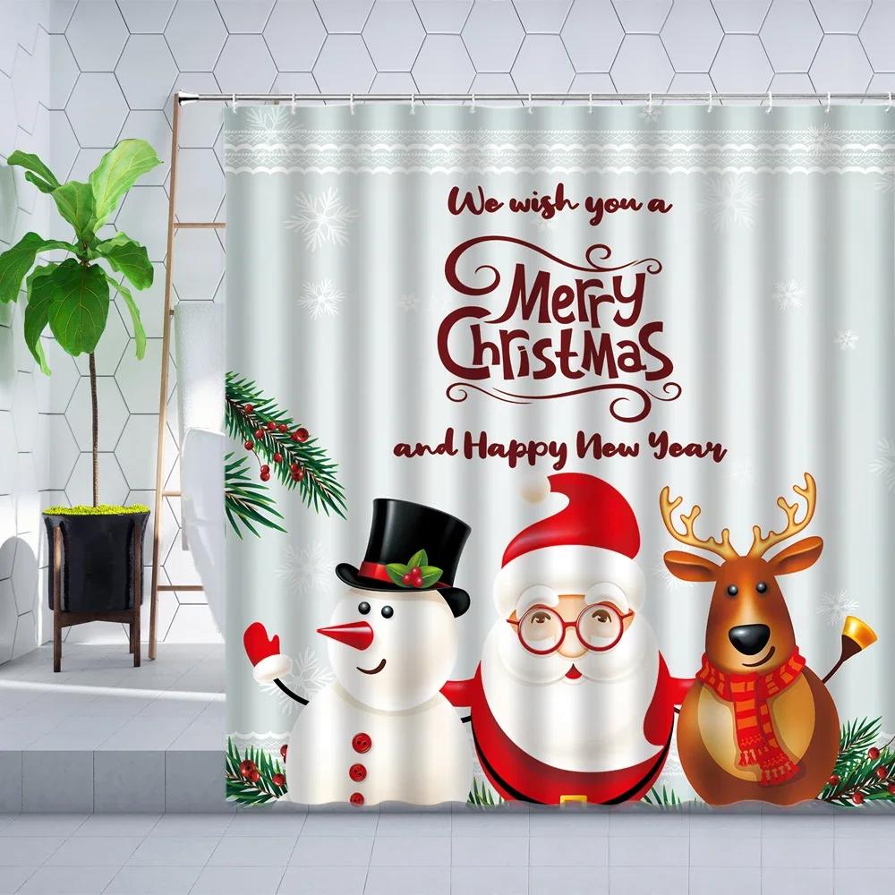 Merry Christmas Shower Curtain Santa Claus Elk Snow Scenery Tree Holiday Gift Red Decor Wall Cloth Bathroom Screen Curtains Sets