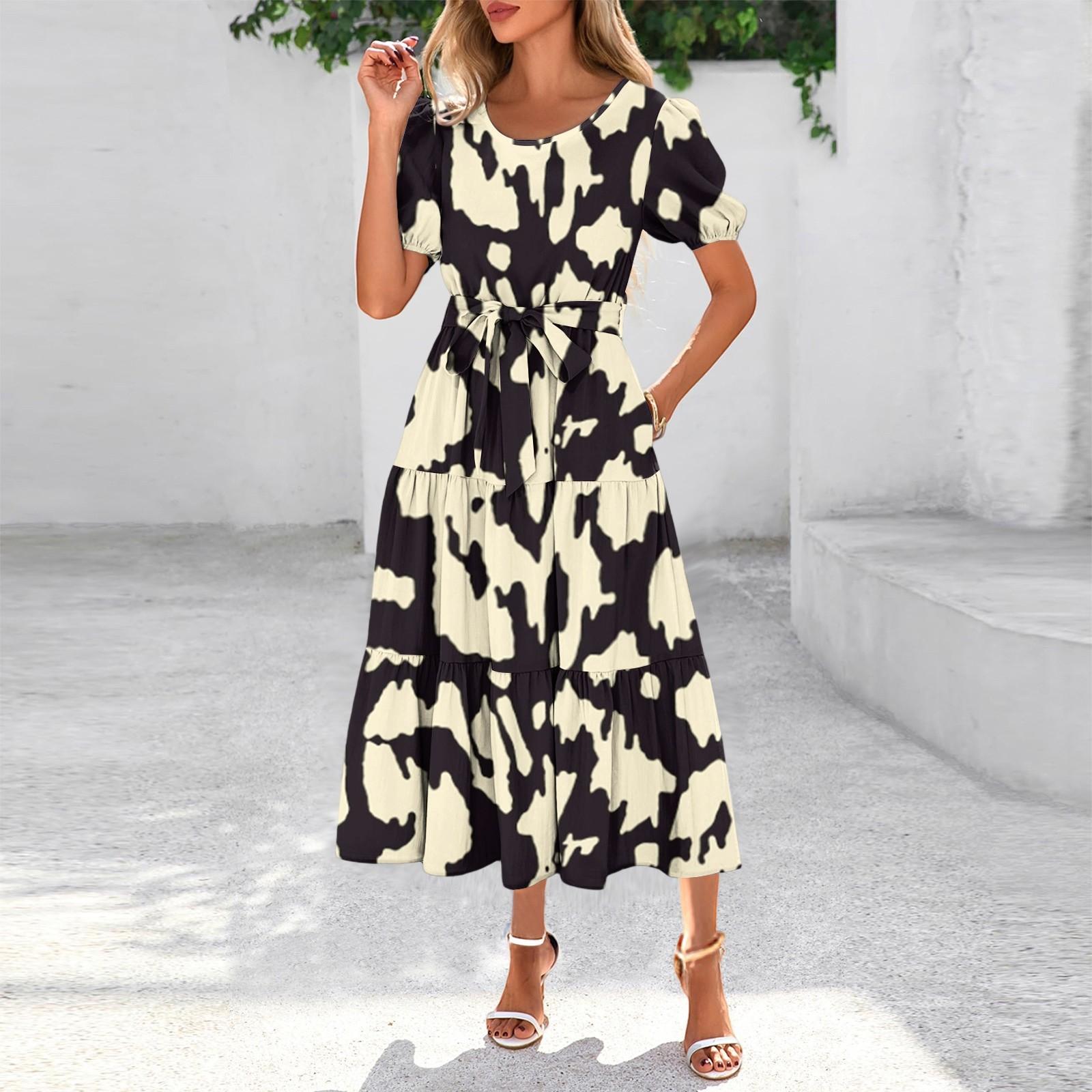 

Женское летнее платье макси с коротким рукавом, круглым вырезом, поясом и карманами в стиле бохо с струящейся отделкой M чёрный