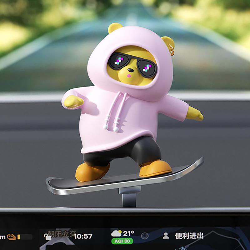 1Pc Cartoon Cute Doll Center Console Moving Bear Auto Interior Decoration Car Automatic Sliding Skateboard Bear Ornaments