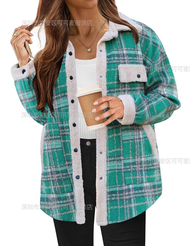Women's Plaid Fleece-Lined Jacket with Notched Collar, Warm Winter Coat with Button Closure and Front Pocket
