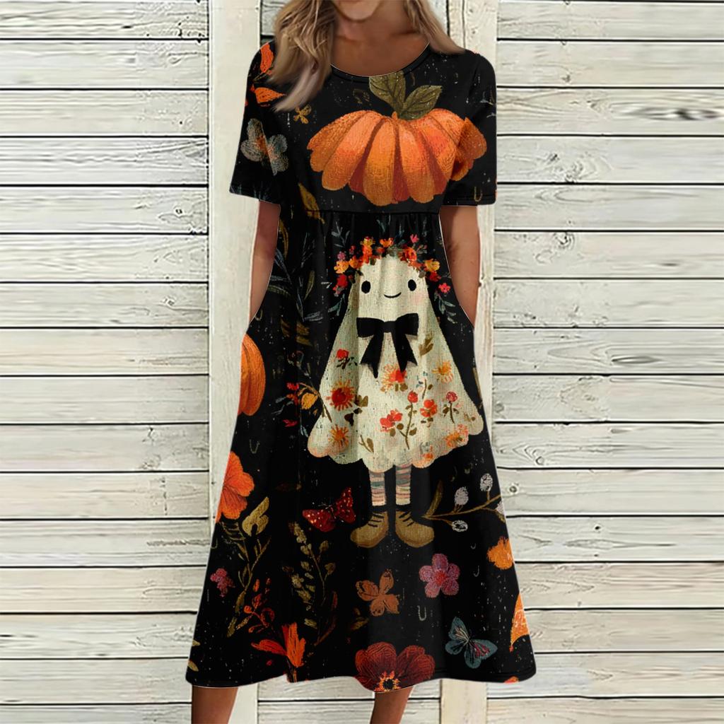 Women's Casual Halloween Printed Dress Short Sleeve Round Neck Pocket Midi Dress Plaid Pattern Comfortable Fit