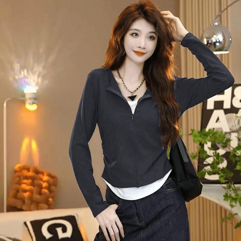 

Women s Plus Size Slim Fit Patchwork Color Block Long Sleeve Zipper Top - Autumn Fake Two-Piece Style S темно-серого