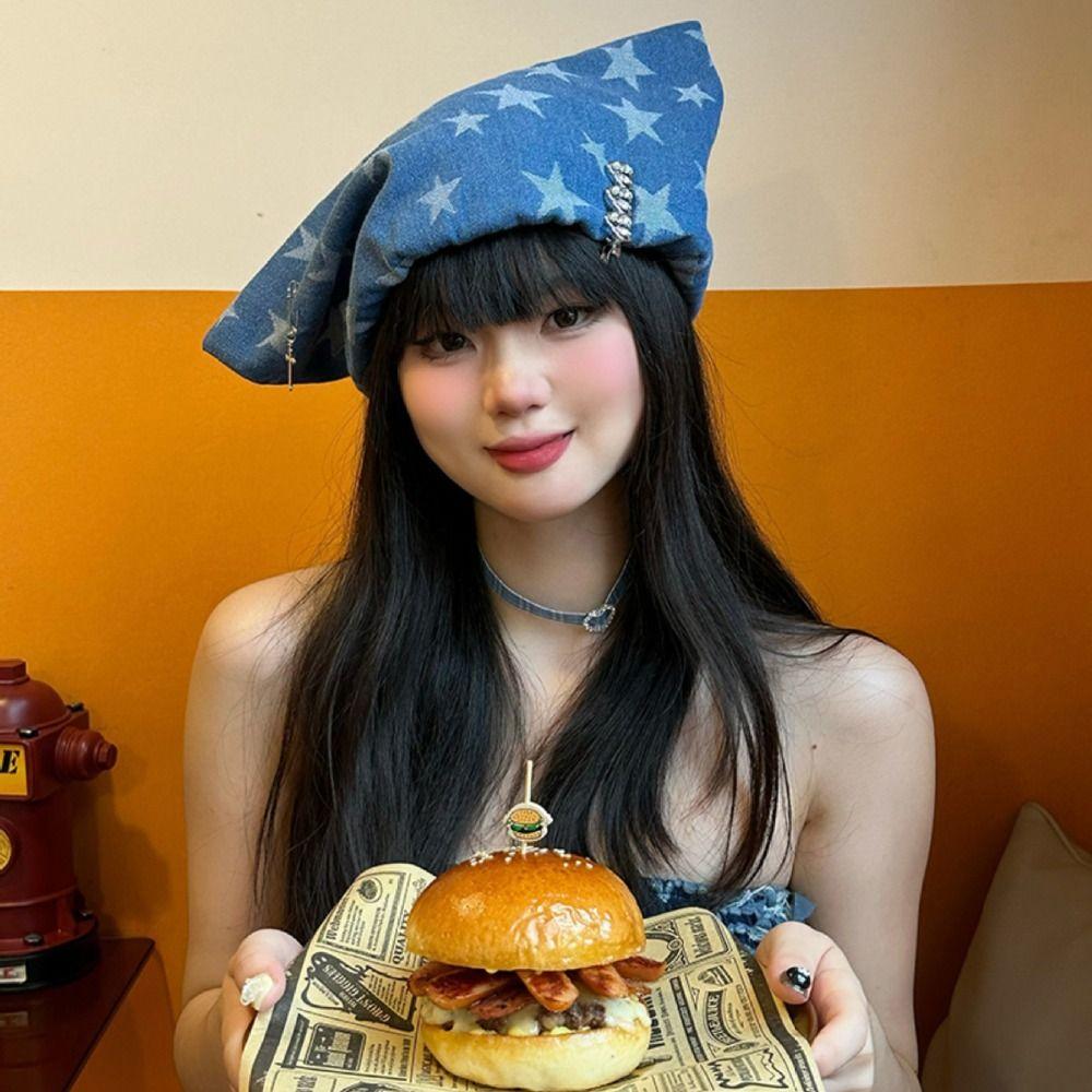 Blue Pullover Hat Y2K Cat Ear Beanie Cap Soft Denim Hat Outdoor