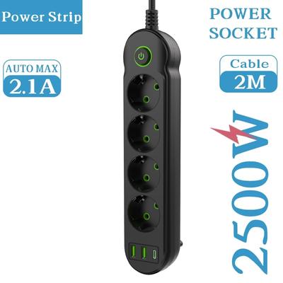 F14U F20U UE Plug Power Strip 2M Cabo de extensão 4/8 CA Tomadas elétricas Tomada com filtro de rede USB tipo C Carregamento rápido