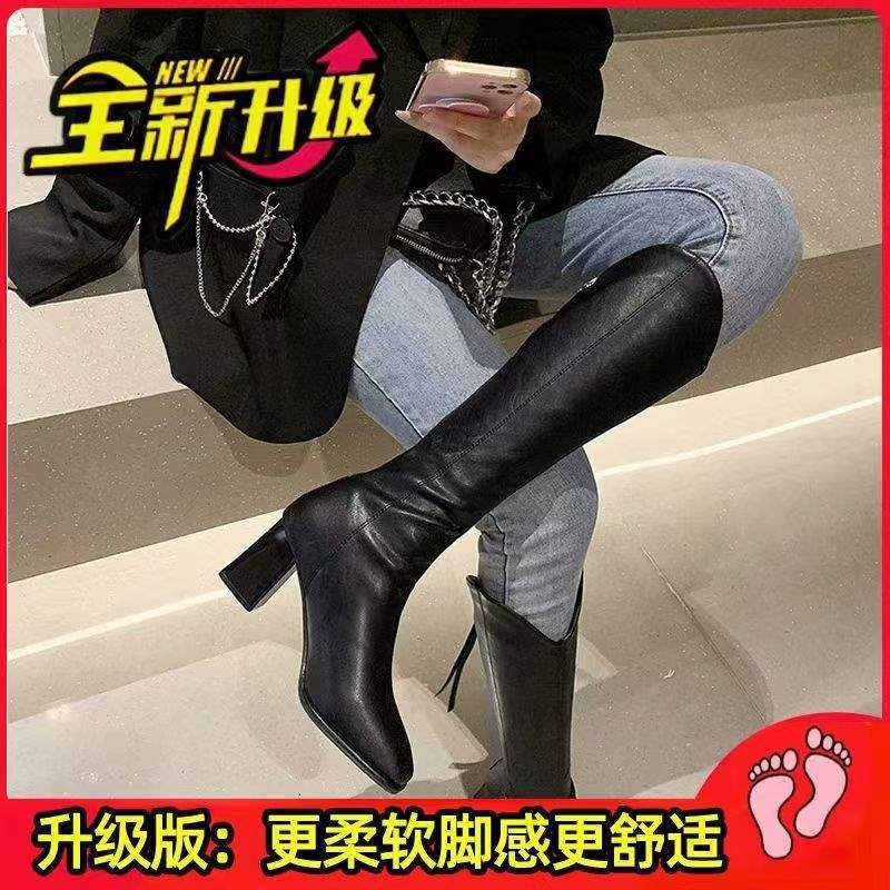 Internetkändis långstövlar skor dam 2025 nya knästövlar högklackat tjock klack riddarstövlar trend