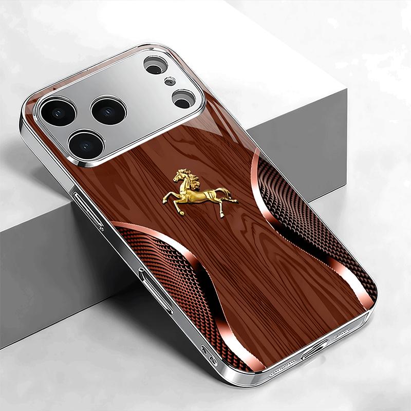 Golden Horse Wood Texture Tempered Glass Phone Case For iPhone 17 16 15 14 13 12 11 Pro Max Plus Air Electroplate Silver Cover