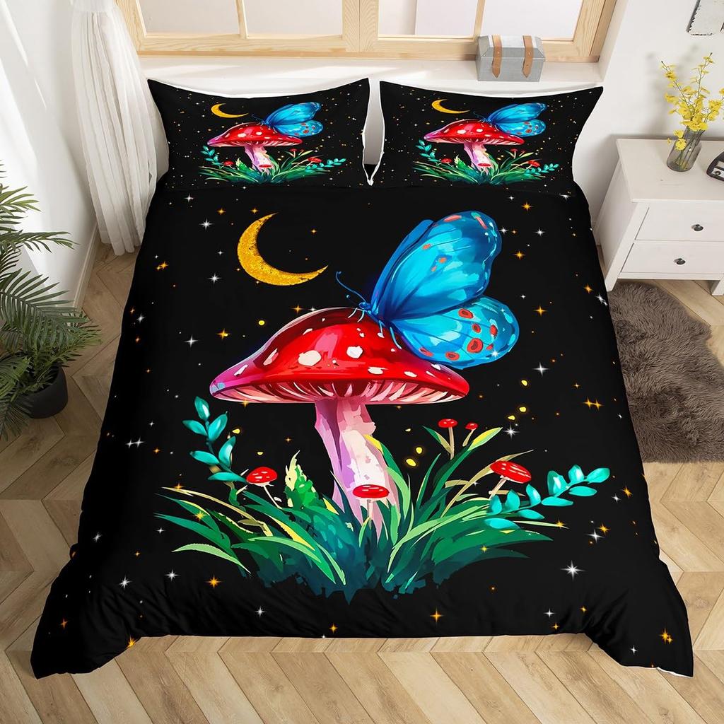 Mushroom And Moon Duvet Cover Sets For Teens Lightweight Quilt Cover With 2 Pillowcase Night Plants Themed Bedding Sets No Quilt