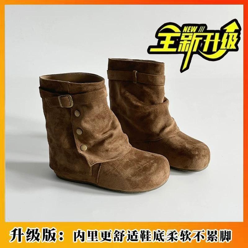 Pleated stack sleeve women's boots autumn belt buckle decoration simple inner height increase daily go out versatile short boots