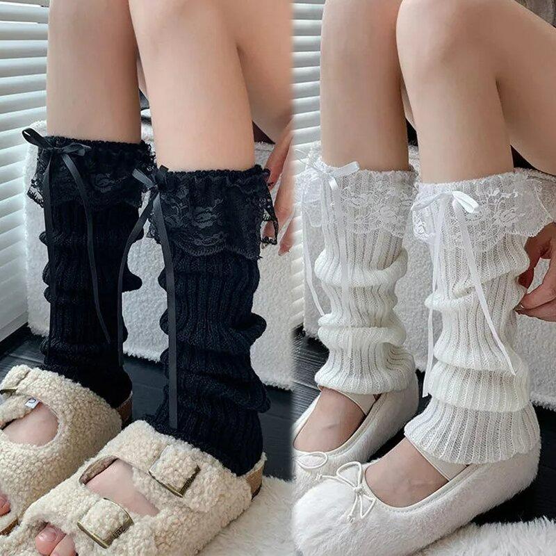 Scaldamuscoli a Rete con Fiocco in Pizzo Stile Lolita Giapponese Y2K Scalda Polpacci da Donna Coprigambe a Nastro Lavorati a Maglia Calze Lente Stile Principessa JK con Fiocco