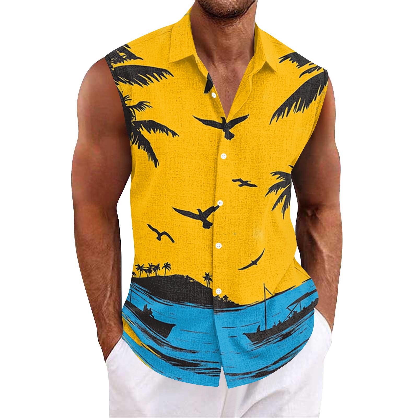Men s Short Sleeve Button Down Shirt with Landscape Print Casual Collared Summer Top M