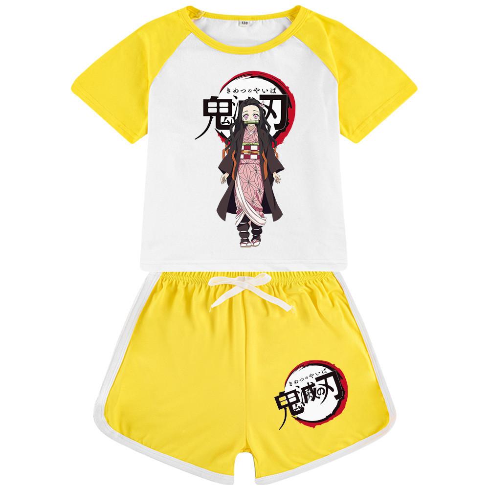

QQ830 Детские Мальчики Девочки Kimetsu No Yaiba Принт Футболка с коротким рукавом Шорты Спортивные костюмы Комплекты 100cm жёлтый