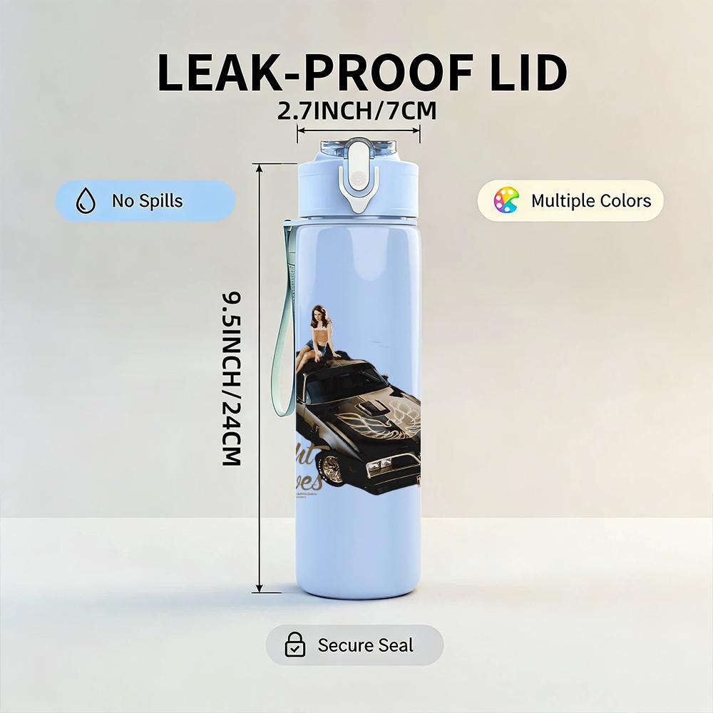 1PC Retro car driving landscape print 750ml colorful plastic sports water bottle leakproof pop up lid with straw for outdoor work home use