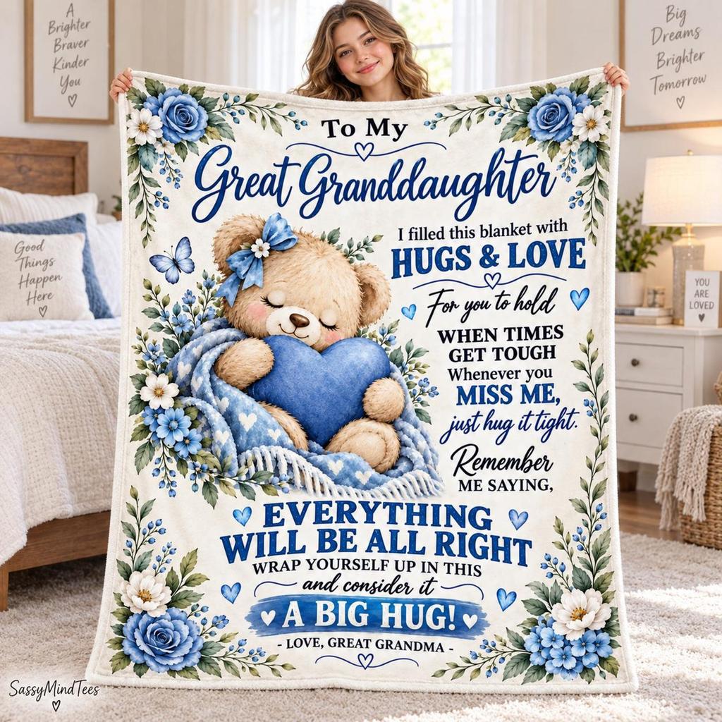 Personalized To My Great Granddaughter Blanket from Great Grandma, Hugs and Love Fleece Blanket, Teddy Bear Floral Gift, Birthday Keepsake