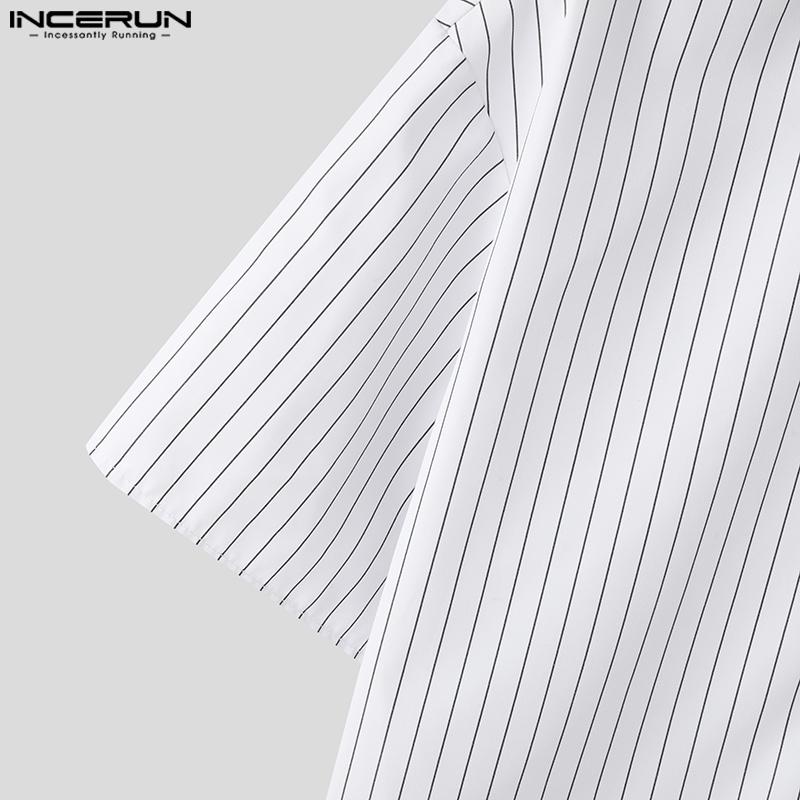 INCERUN Oversized Summer Men Turn-down Collar Short Sleeve Striped Buttons Casual Shirts