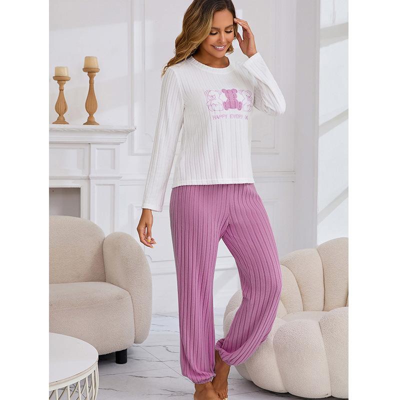 Spring Autumn Women Sleepwear Long Sleeve Cartoon Bear Tops and Long Pants Pyjamas 2 Piece Set Pajamas Set Casual Homewear Loungewear