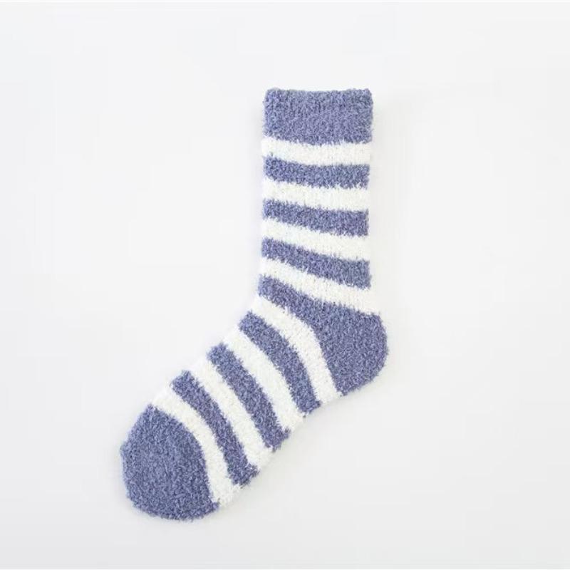 Autumn and winter women's striped coral fleece medium tube socks thickened thermal home floor socks women