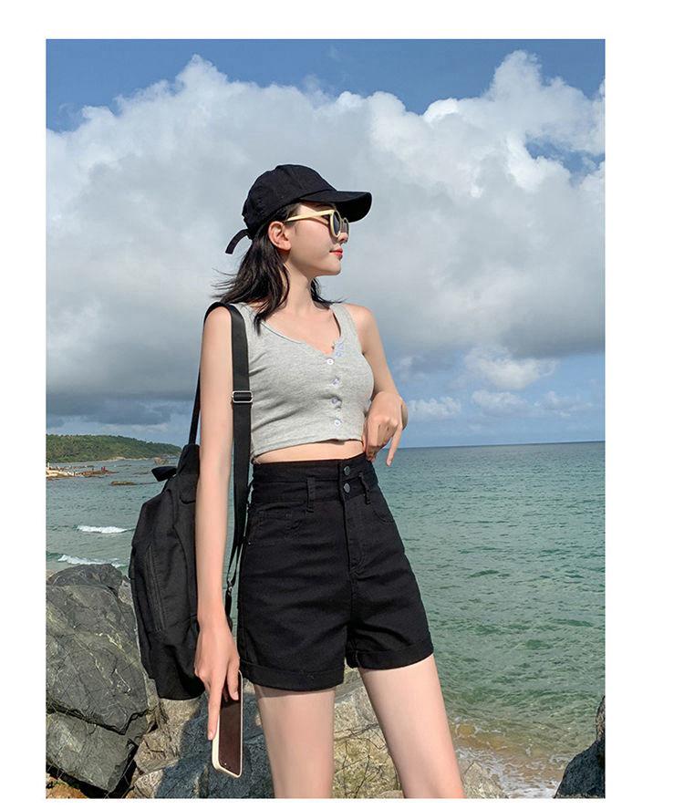 Women's High Waist A-Line Denim Shorts - Summer Straight Leg, Double Button, Loose Fit with Rolled Hem, Trendy Wide Leg Design