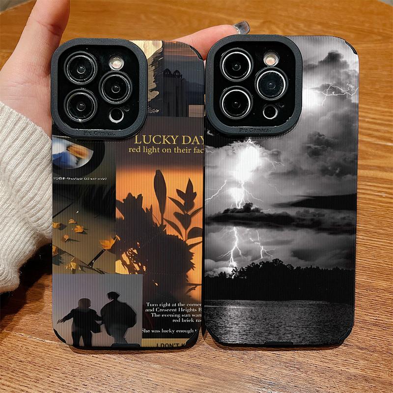 Vertical Grain Leather Shell Lucky Day Printed Patterned Shockproof Soft Silicone Case with Camera Lens Full Protection for iPhone