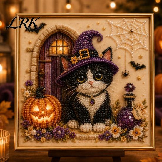 Halloween Home Decorations Witch Hat Cat DIY 3D Pearl Painting Kit with Frame, Hand-Pasted Art Craft for Adults, Relaxing Personalized Gifts