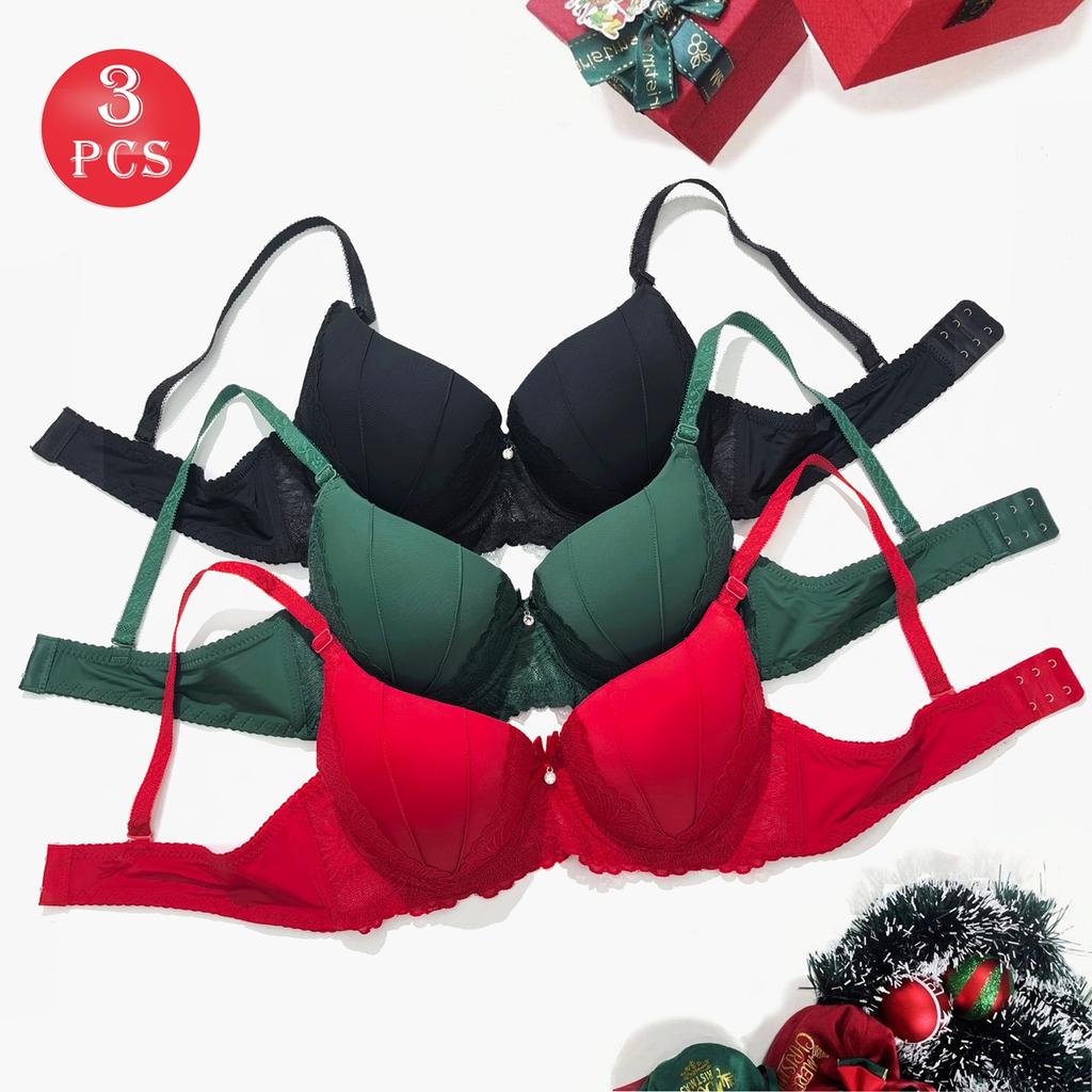 3pcs Christmas Palm Pad Bra Set, Thick Padded Underwire Push Up Lingerie for Lift & Contour