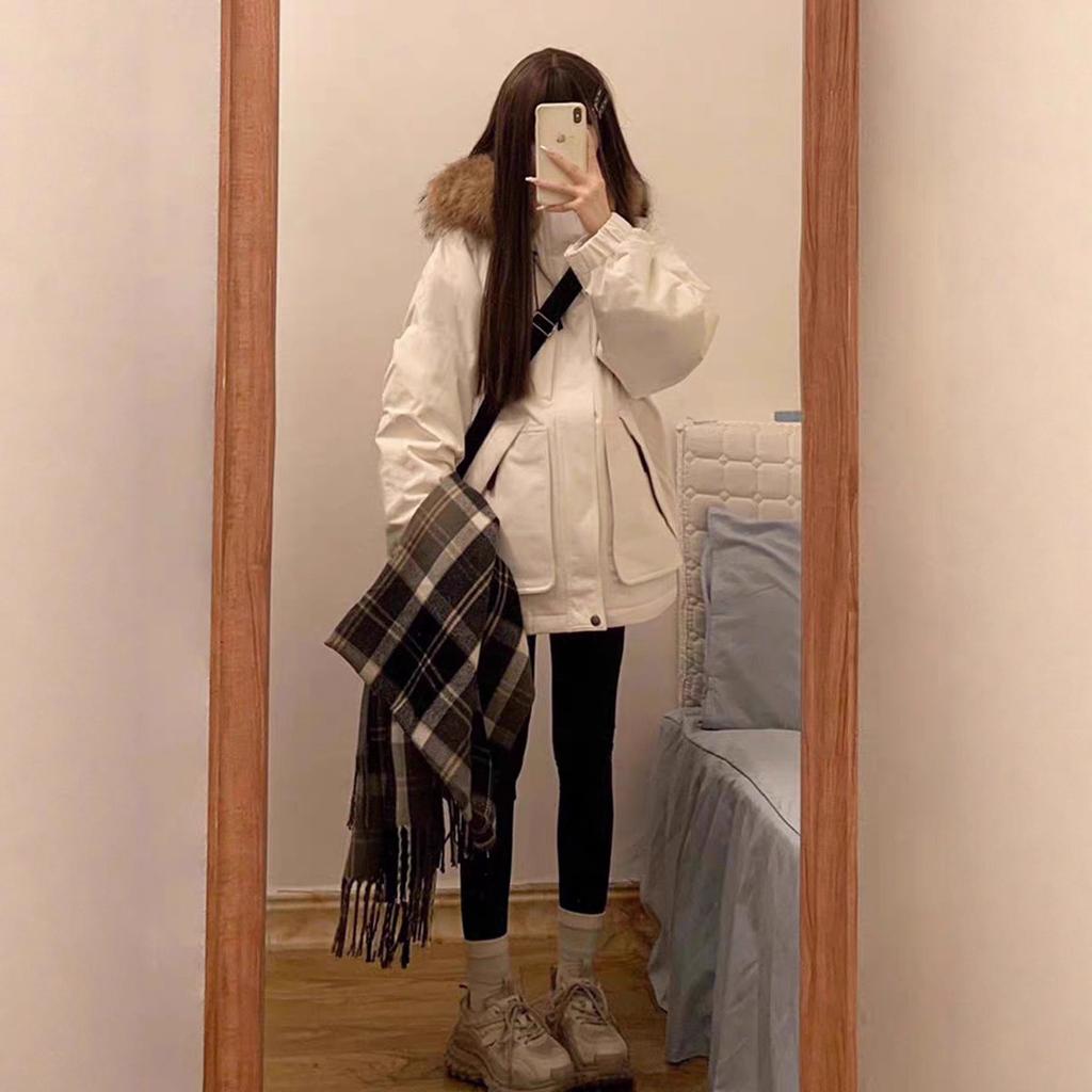 Big fur collar down jacket women's loose winter new couple pie overcome outdoor short thickened tooling jacket