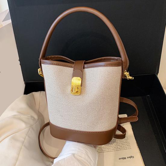 Women Messenger Bag Faux Leather Shoulder Bag with Top Handle Adjustable Strap Splicing Bucket Bag Crossbody Handbag for Daily Use Party Date