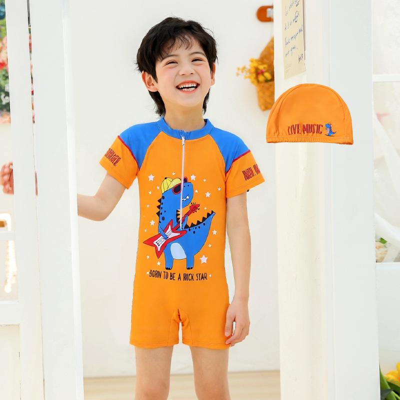 New Boys' One-Piece Cartoon Swimsuit: Cute, Quick-Drying Sun Protection for Toddlers to Big Kids