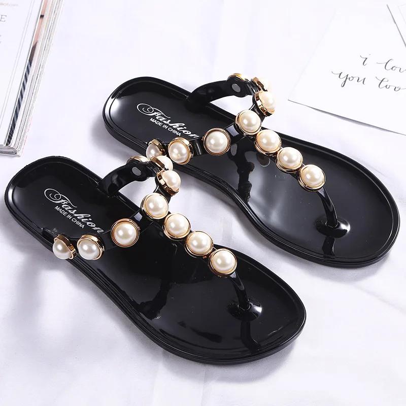 

Fashion Pearl Studs Clip Toe Sandals Women Beaded Flip Flops Anti-skid Beach Sandalias All-match Jelly Shoes Woman Slippers Pantuflas 36 чёрный