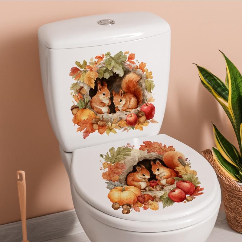 Autumn Squirrel Toilet Paper Sticker - Two Squirrels Perched In Tree Holes, Accompanied By Autumn Fruits and Red Leaves Stickers