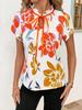 Elegant Summer Printed Women's Tie-Neck Pleated Short-Sleeve Top for Versatile Vacation & Commute Fashion.